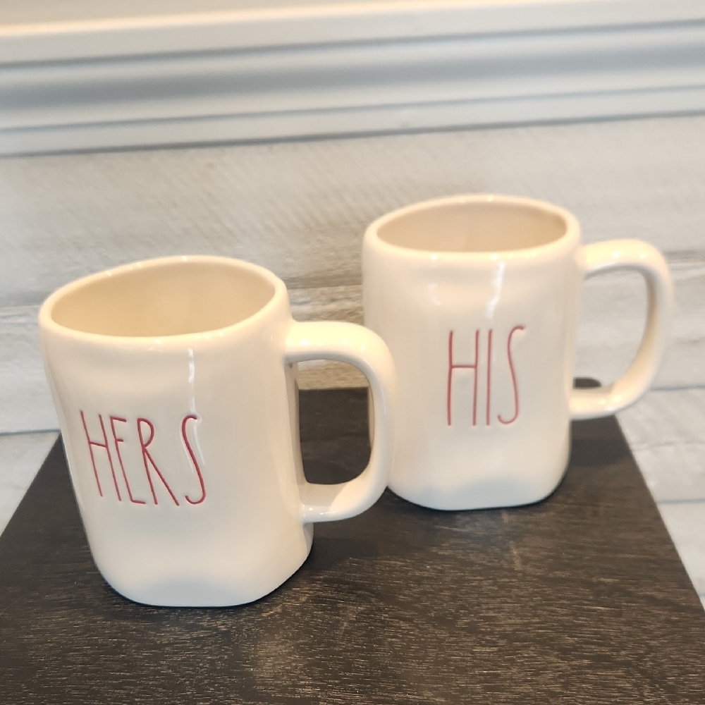 EUC Rae Dunn Like New Hers & His White Ceramic Mugs